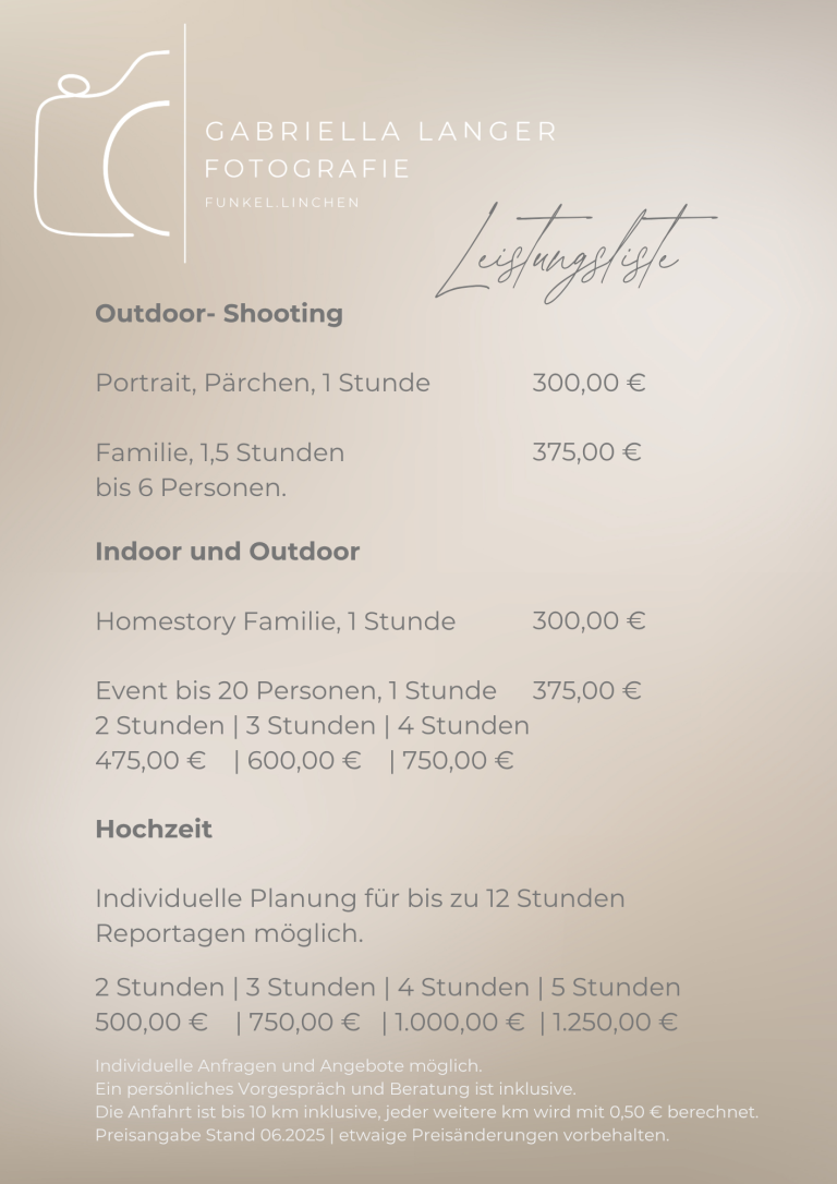 Preisliste für Fotoshootings Indoor und Outdoor, einschließlich verschiedener Pakete.